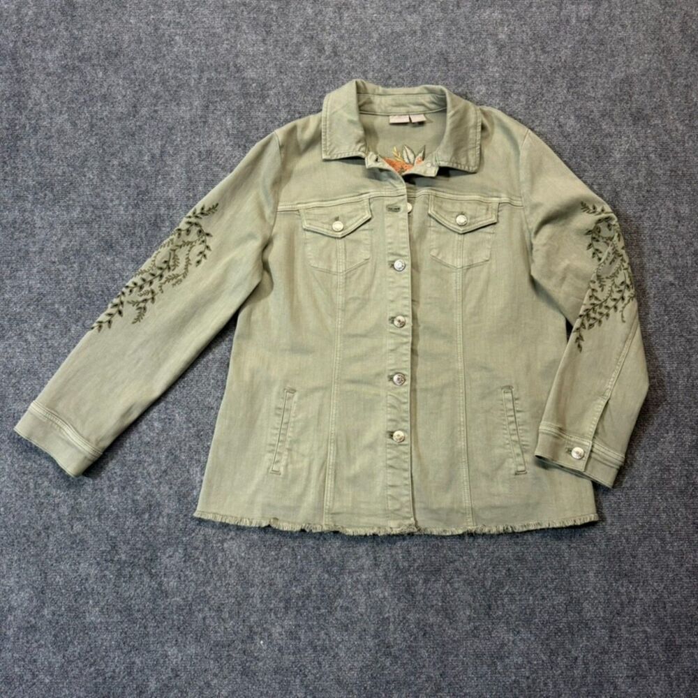 Chico's Size 2 L Olive Green Floral Embroidered Utility Jacket Boho Military